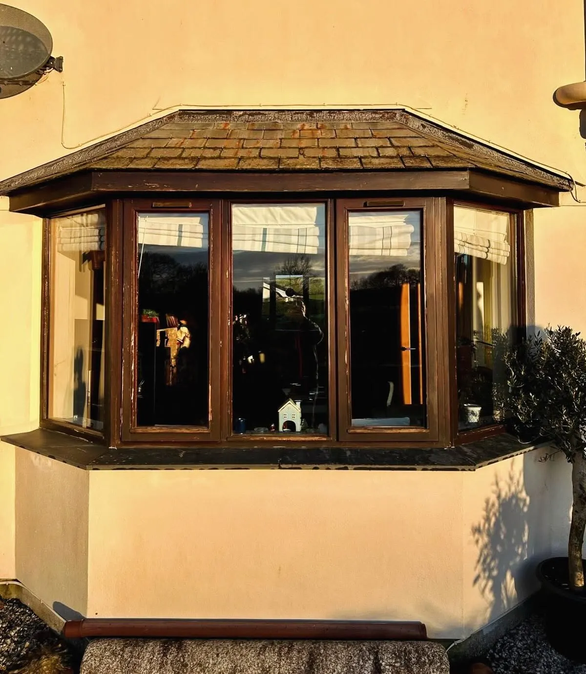 A timber bay window with dark stained frames after repair